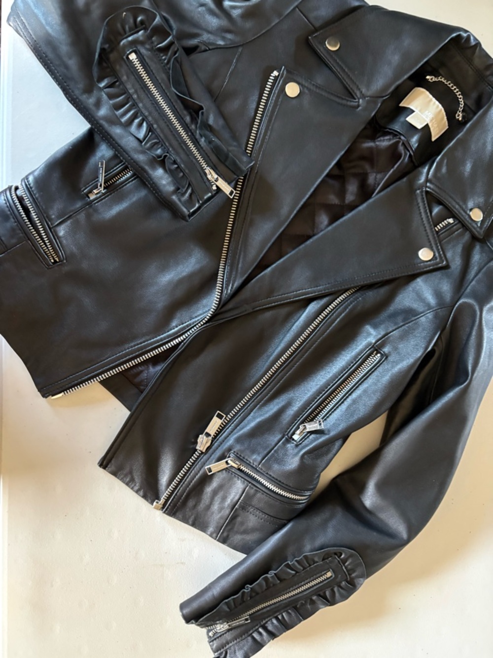 Michael Kors Black Leather Moto Jacket with Silver Hardware